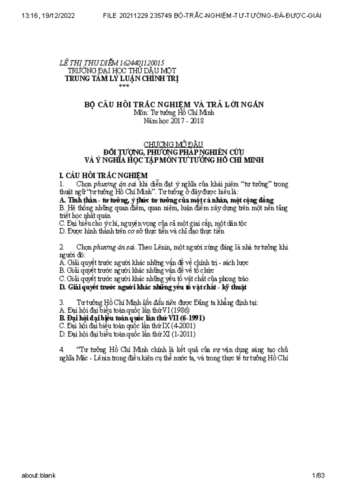 BỘ TRẮC NGHIỆM TƯ TƯỞNG HỒ CHÍ MINH 1624401120015 - NĂM HỌC 2017-2018 - Document Preview