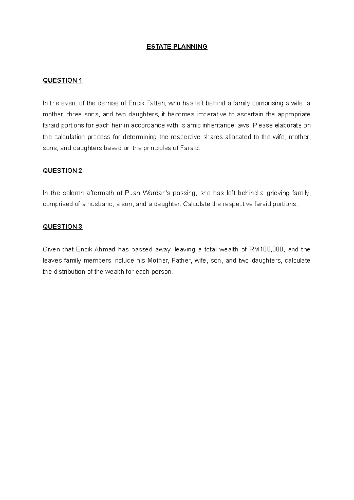 Islamic Inheritance: Faraid Calculations for Estate Planning - Studocu