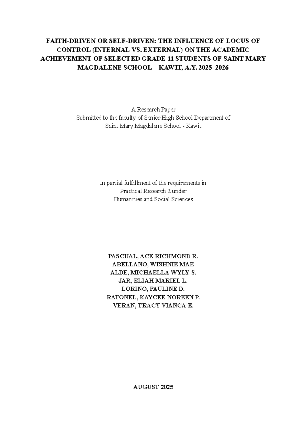 The Influence of Locus of Control on Academic Achievement in Grade 11 ...