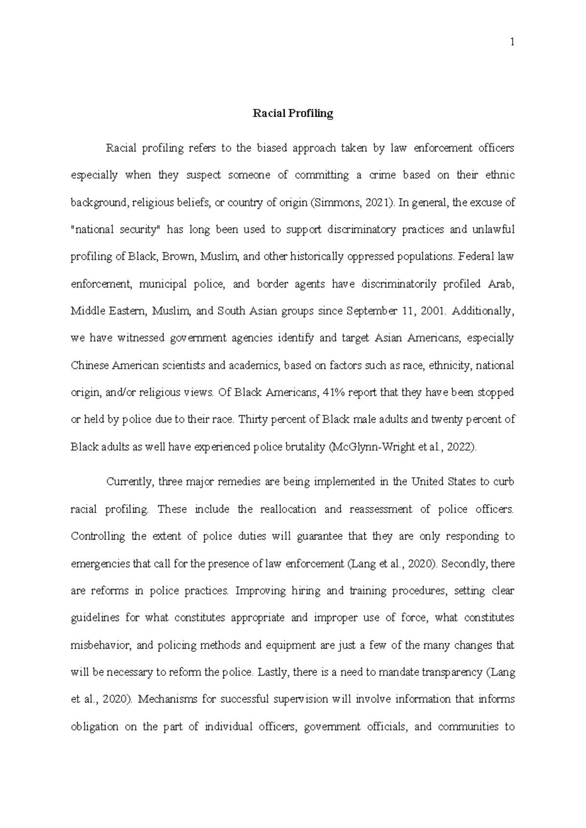 Racial profiling - Guideline on academic writing. - 1 Racial Profiling ...