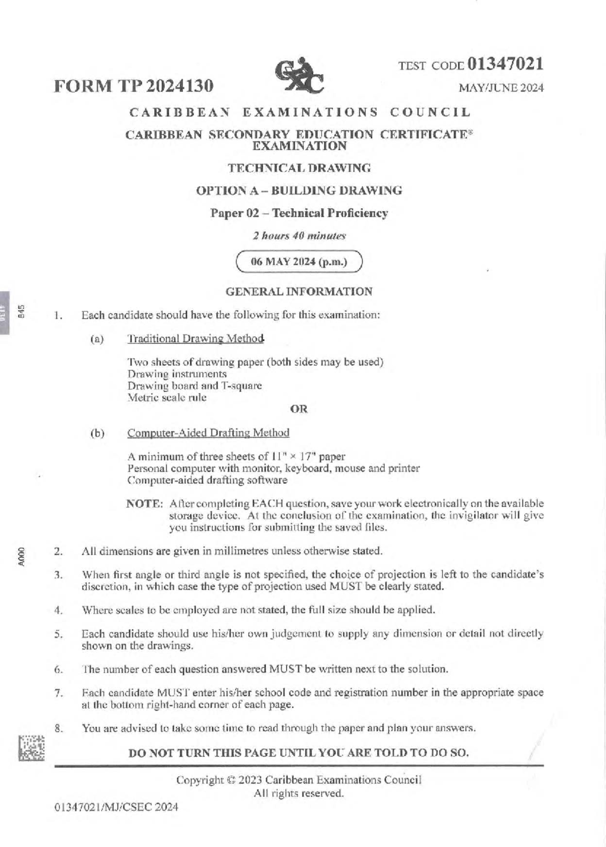 CSEC Technical Drawing P2 2024 Exam Instructions & Guidelines - Studocu