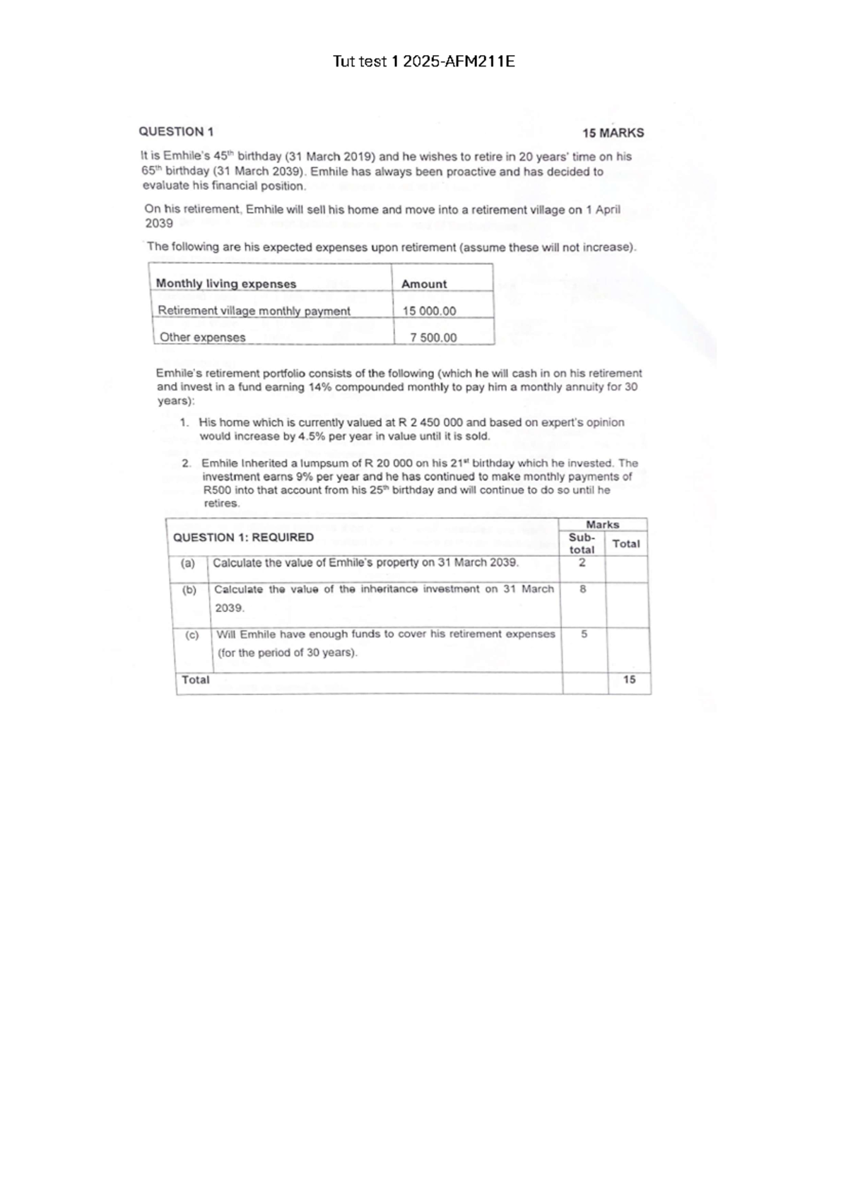 Tut test 1 -2025 - TUT TEST 1 - Tut test QUESTION 1 15 MARKS It is 45th ...