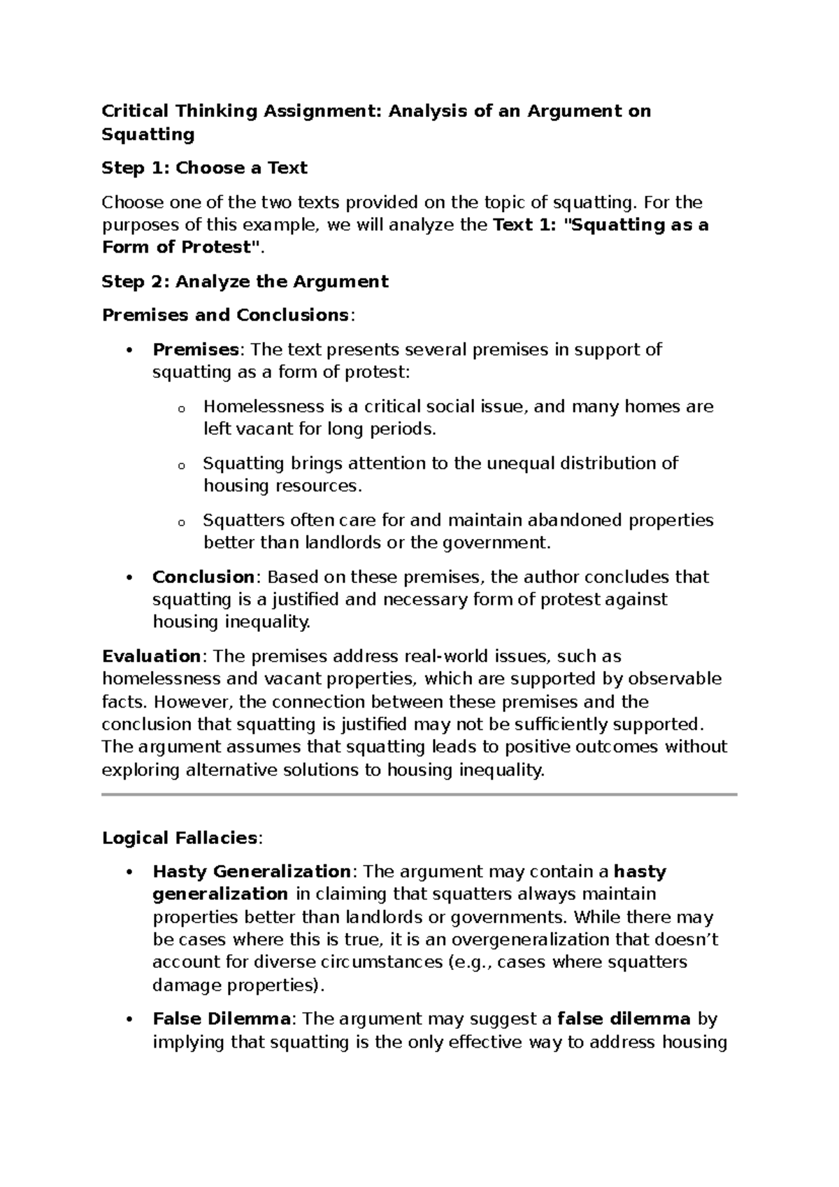 Critical Thinking Assignment: Analyzing Arguments on Squatting - Studocu