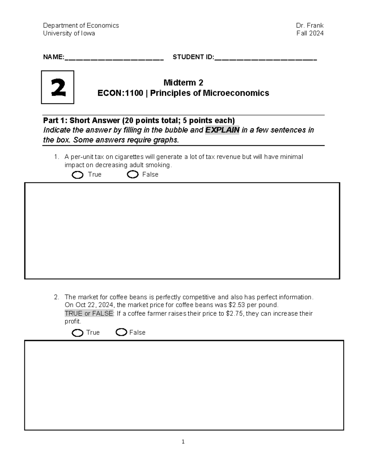 Test 2 Fall 2024 - Mock Exam for ECON:1100 Principles of Microeconomics ...