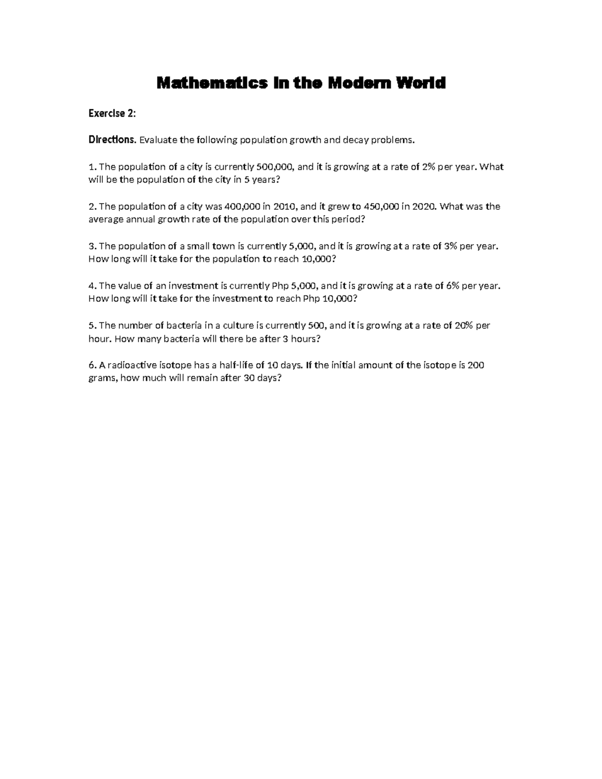 MMW Exercise 2: Population Growth & Decay Problems Analysis - Studocu