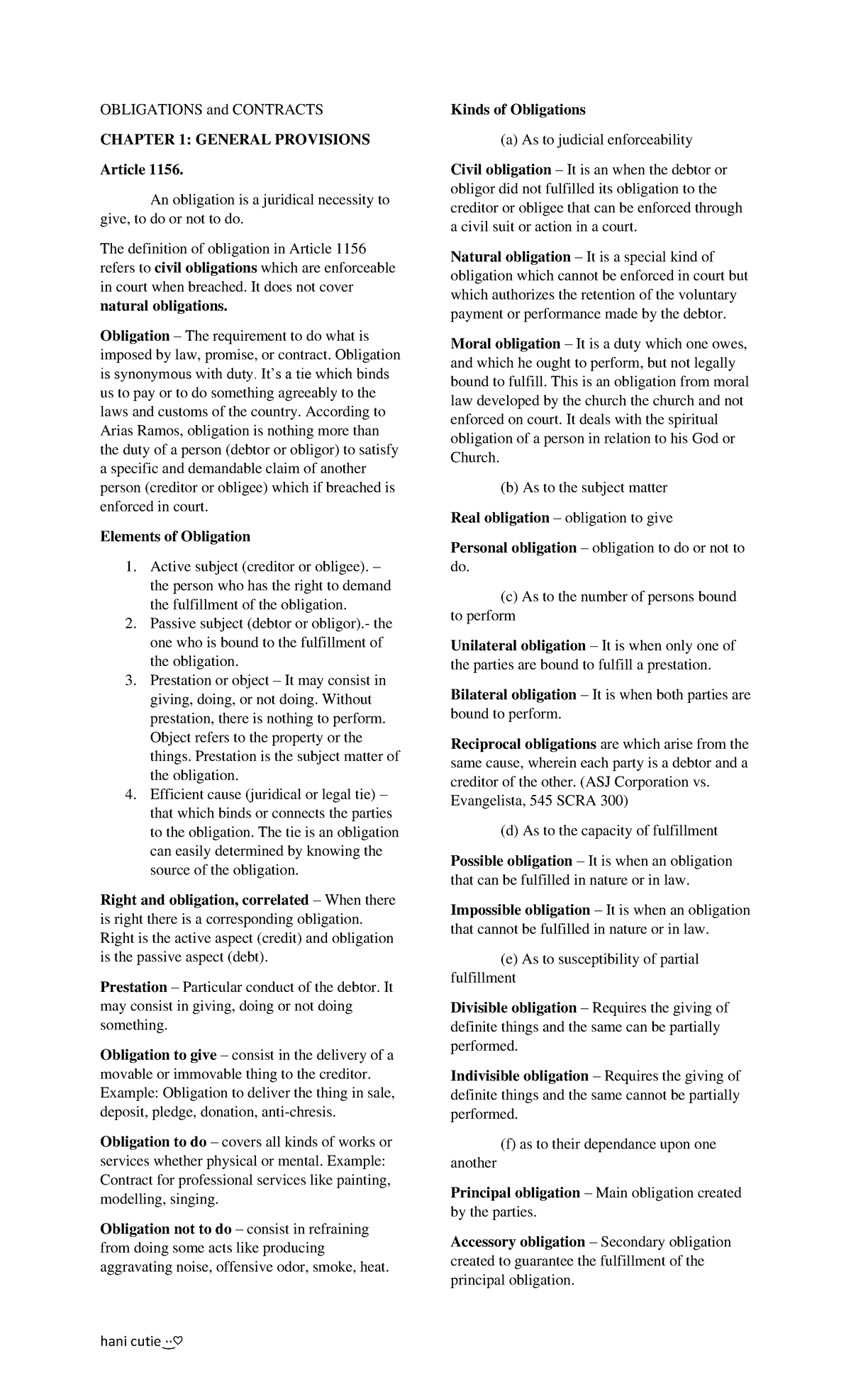 Oblicon- Obligations and Contracts (Art. 1165) Study Notes - Studocu