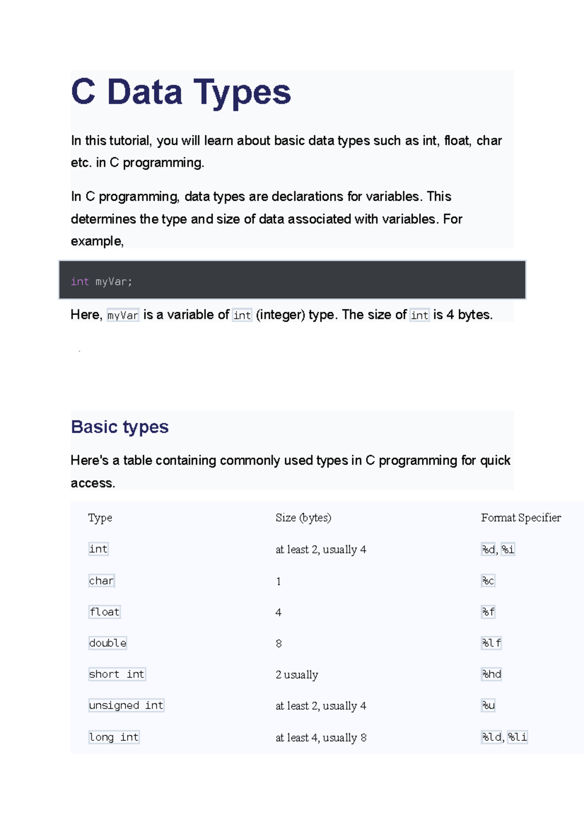 C Data Types ,basic data types such as int, float, char   C Data ...