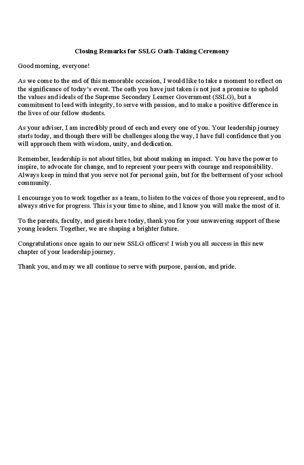 Closing Remarks for SSLG Oath Ceremony: A New Leadership Journey - Studocu