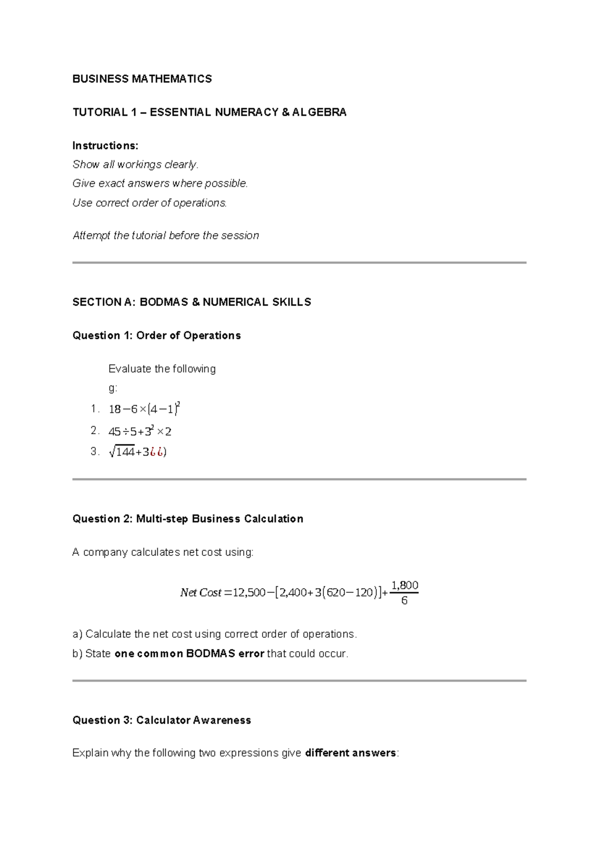 BUSINESS MATHEMATICS TUTORIAL 1: ESSENTIAL NUMERACY & ALGEBRA - Studocu