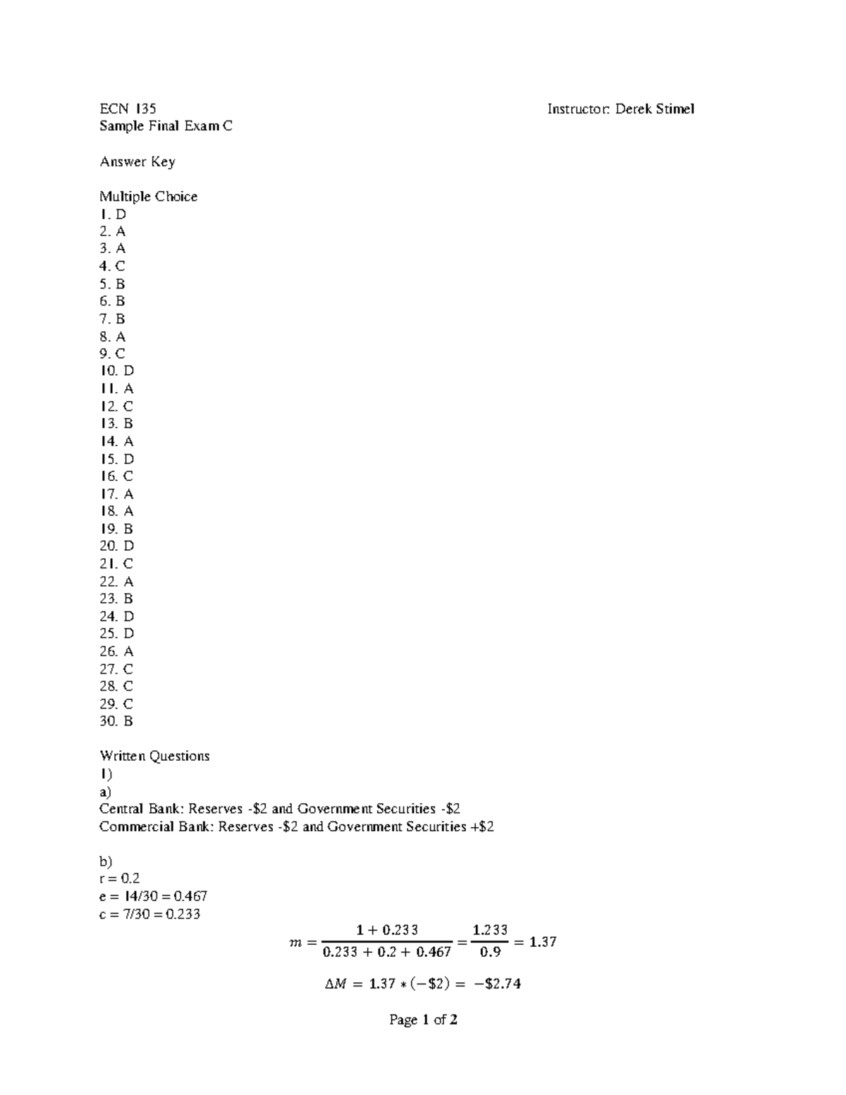 ECN 135 Sample Final Exam C Answer Key and Solutions - Studocu