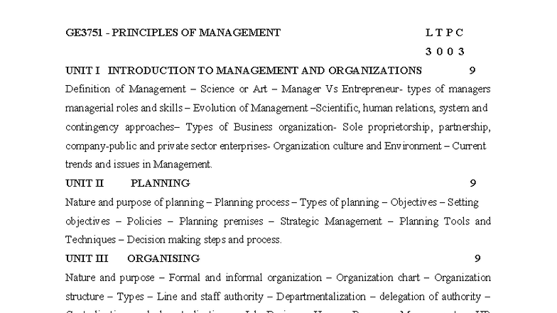 GE3751 - Principles of Management Lecture Notes - Studocu