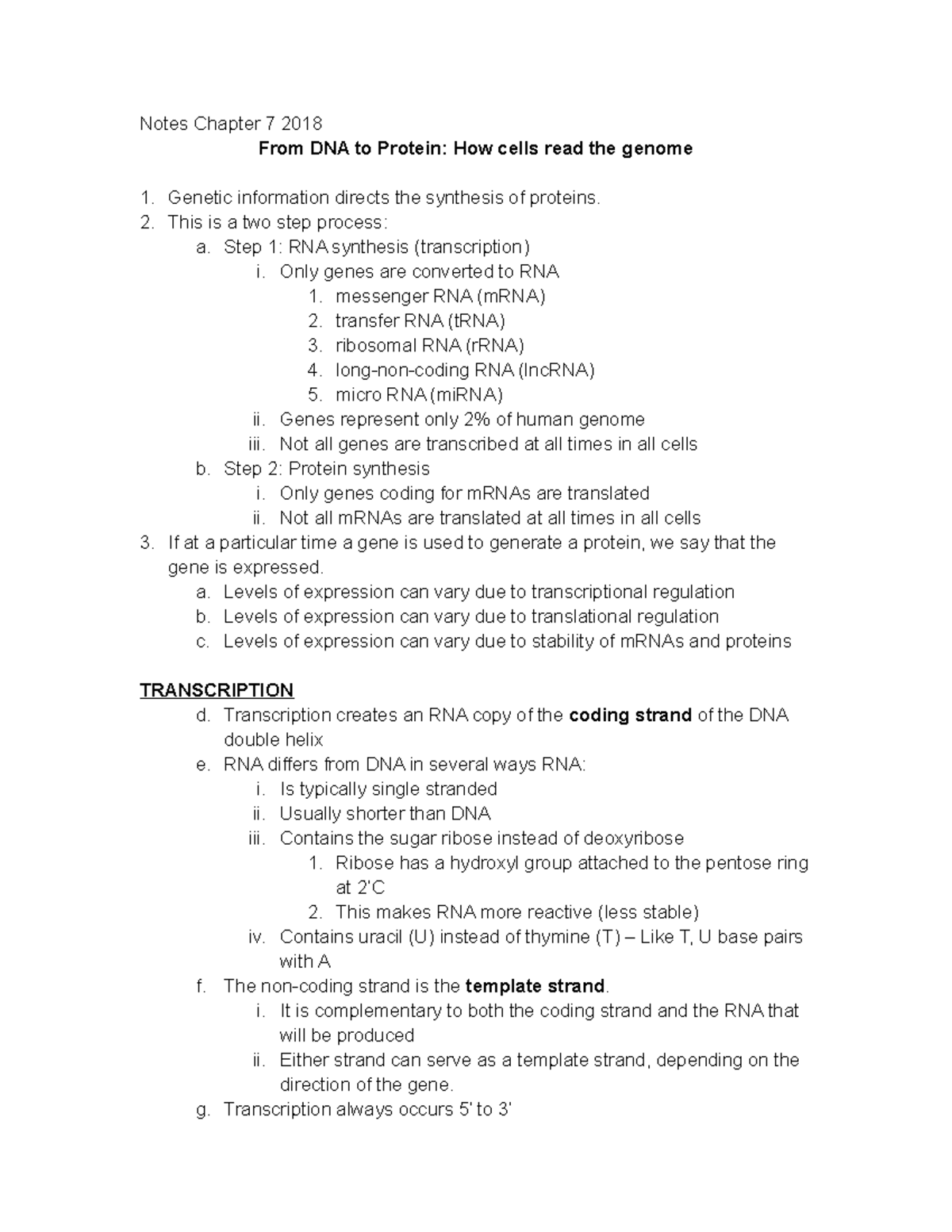 Chp 7 notes - From DNA to Protein, how the cell reads the genome ...