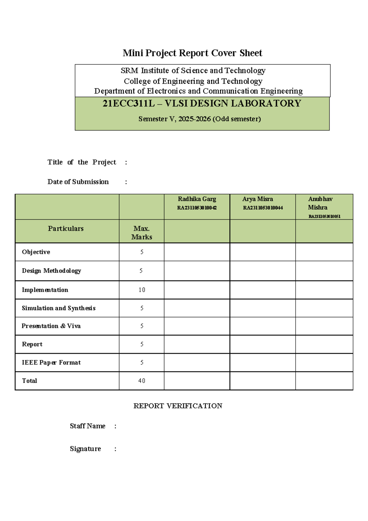 Mini Project Report Cover Sheet - Marks Objective 5 Design Methodology ...