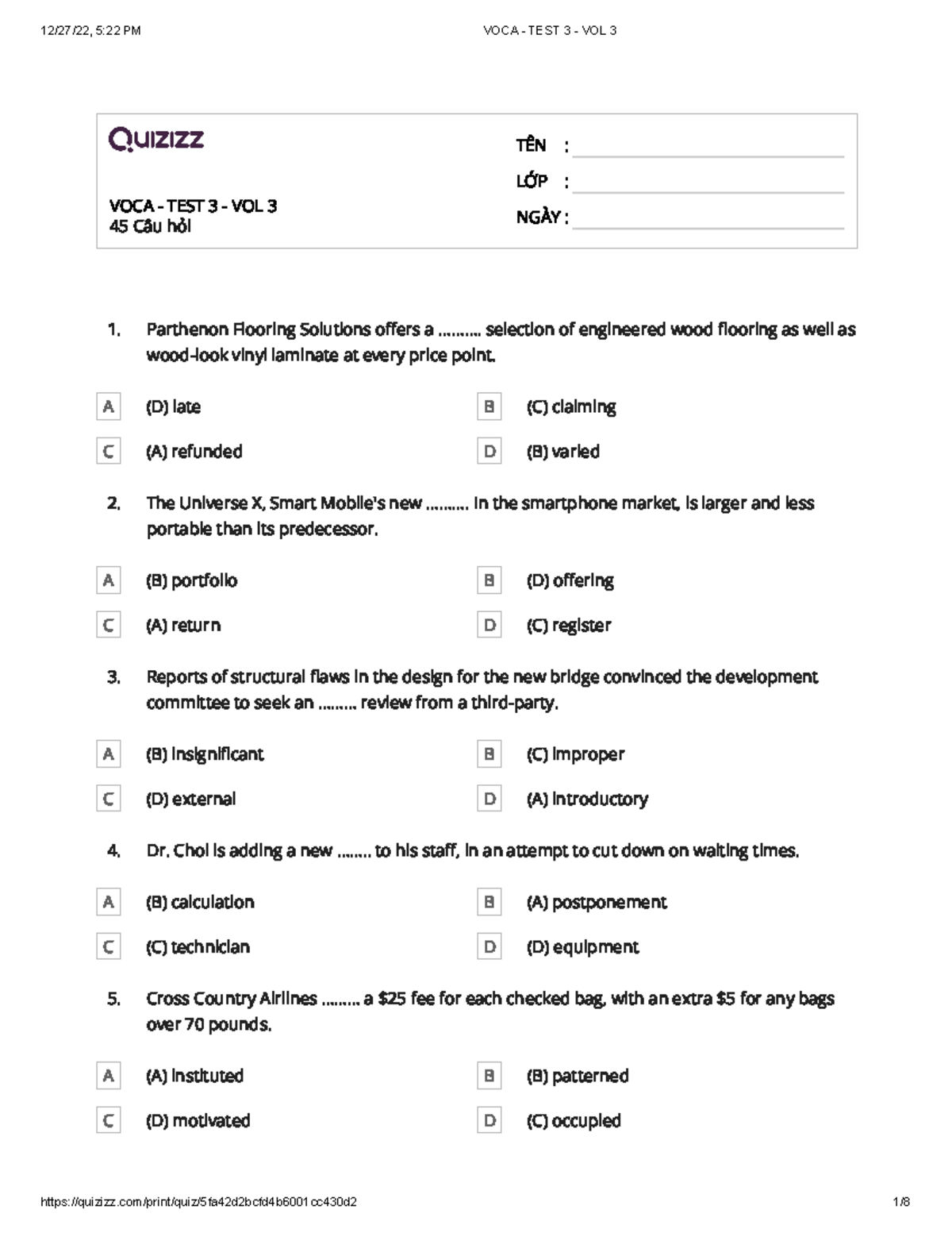 VOCA - TEST 3 - VOL 3 - TOEIC Vocabulary Practice and Answers - Studocu