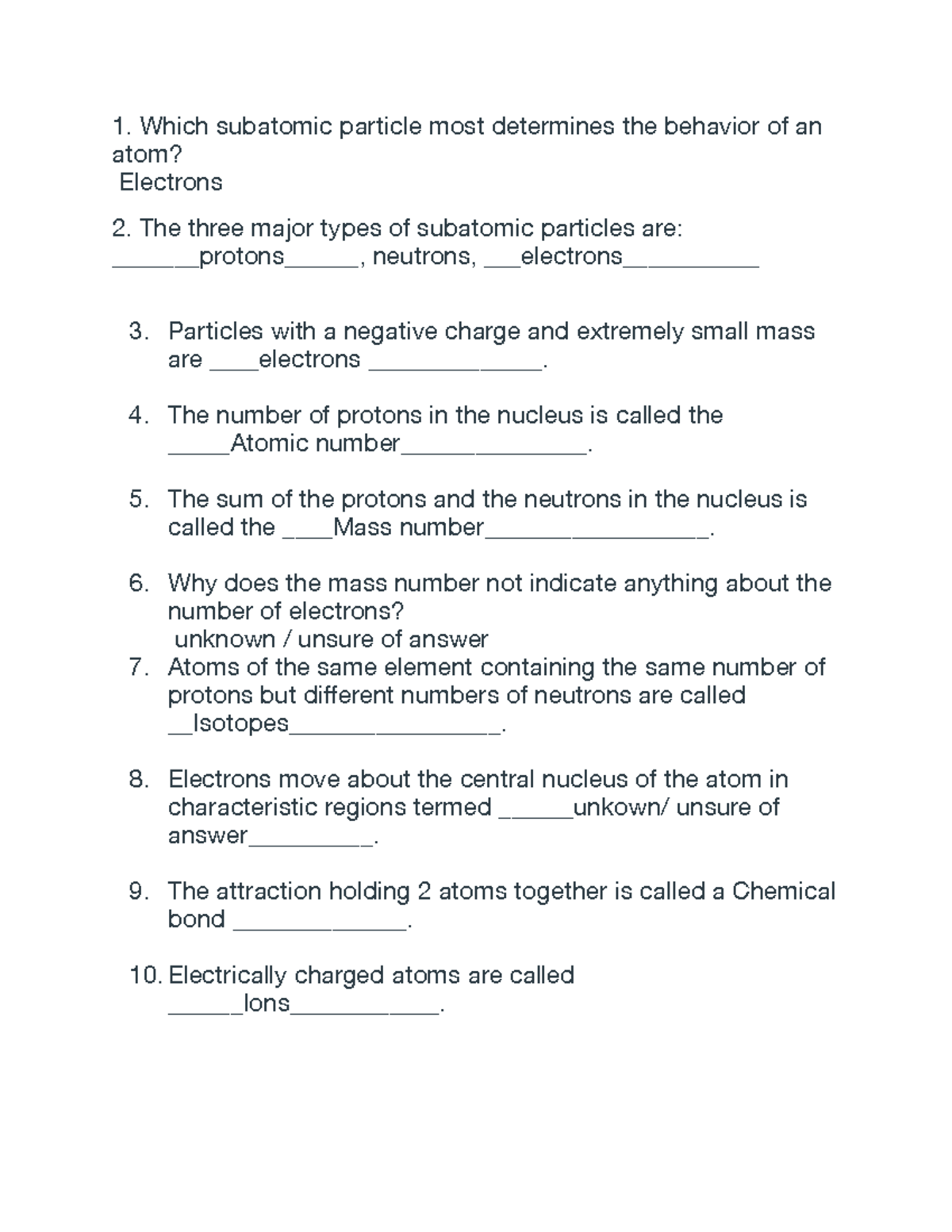 Chapter 2 Study Questions: Subatomic Particles & Chemical Bonds - Studocu