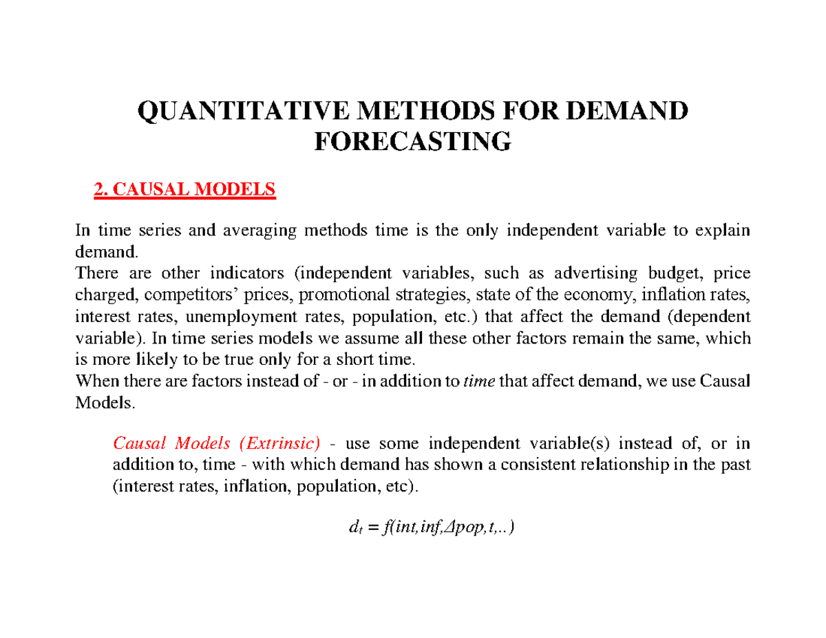 QUANTITATIVE METHODS FOR DEMAND FORECASTING 2: CAUSAL MODELS - Studocu