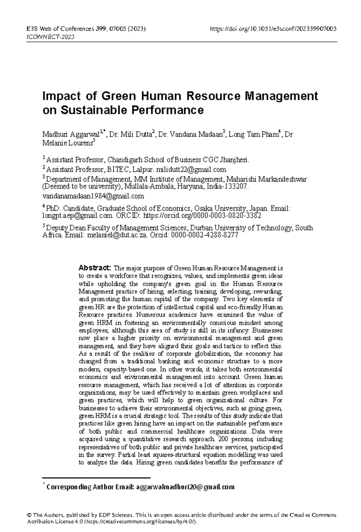 Impact of Green Human Resource Management on Sustainable Performance ...