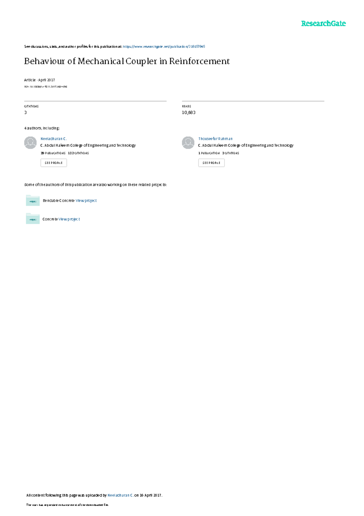 Behaviour of Mechanical Coupler in Reinforcement - Lecture Notes (96 35 ...