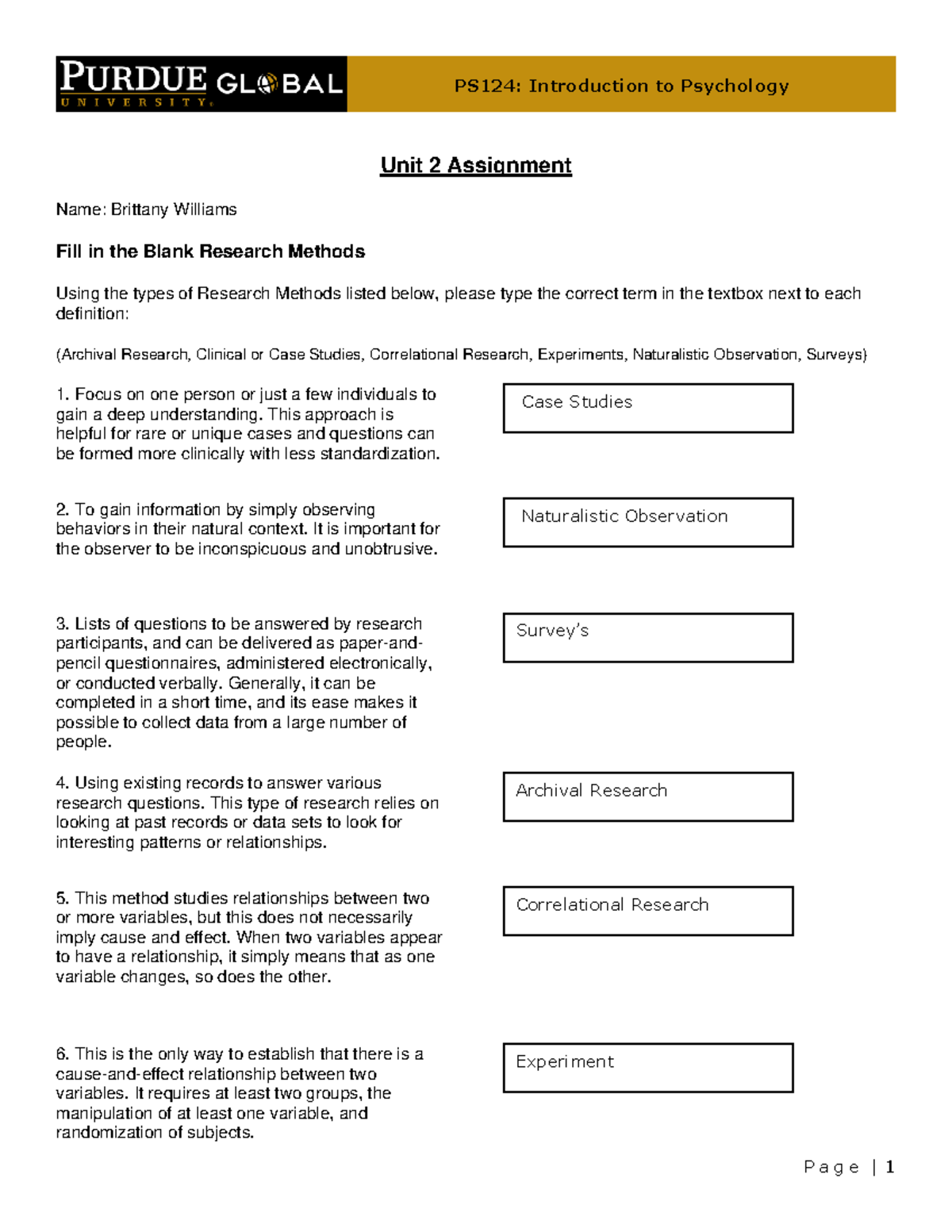 PS124: Unit 2 Assignment on Research Methods and Definitions - Studocu