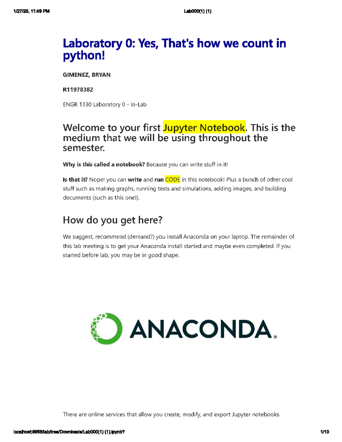 ENGR 1330 Lab 0: Introduction to Jupyter Notebooks and Python - Studocu