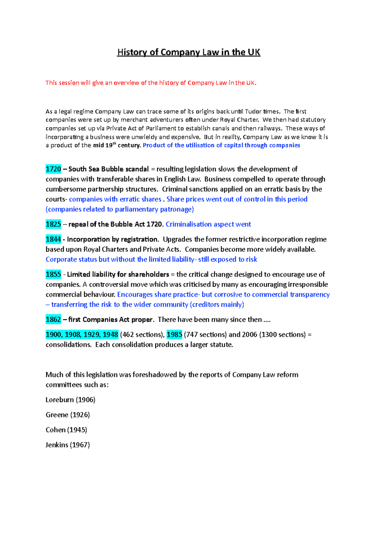 History of Company Law in the UK: Key Developments and Reforms - Studocu