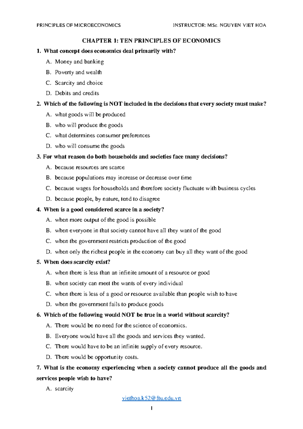 MCQs Chapter 1 - viethoa@ftu.edu CHAPTER 1: TEN PRINCIPLES OF ECONOMICS ...