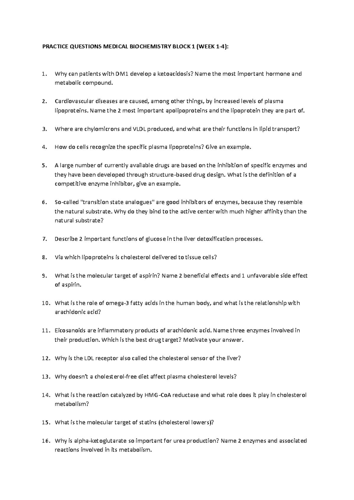 Medical Biochemistry Practice Questions: Block 1 (Weeks 1-4) - Studeersnel