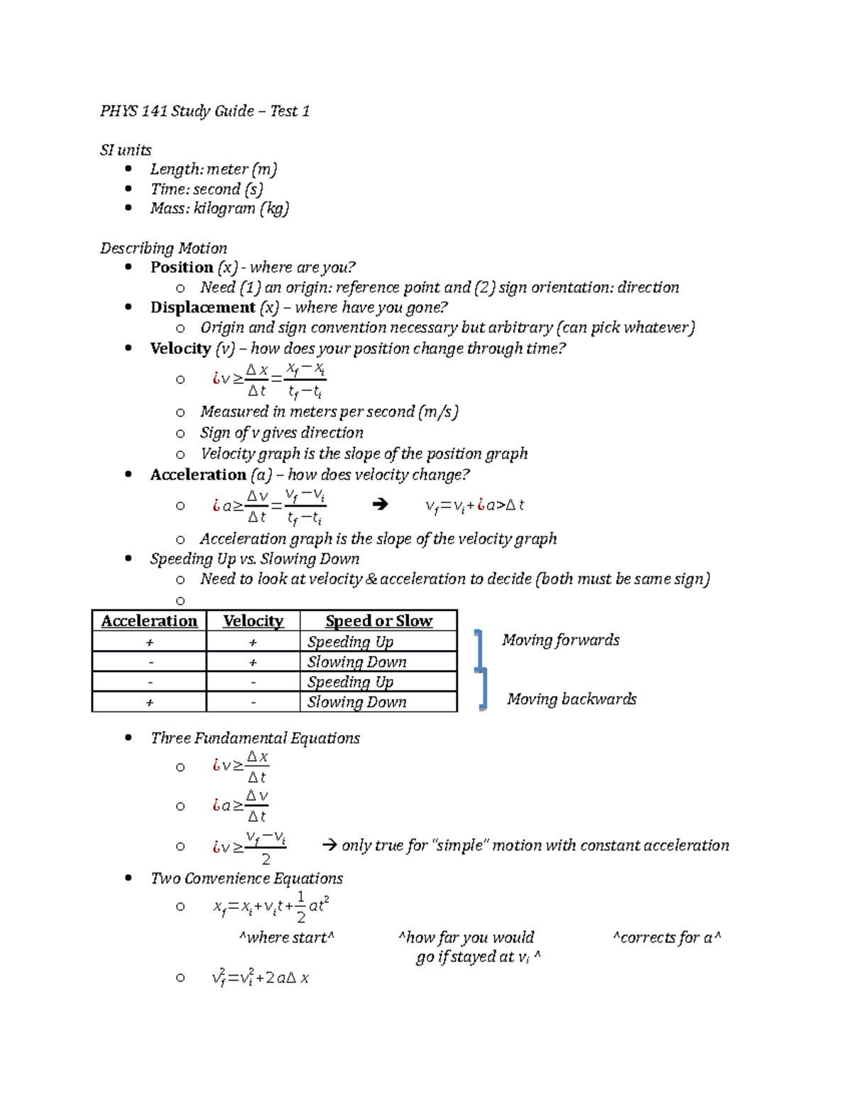 PHYS 141 Study Guide – Test 1 Overview of Motion Concepts and Equations ...