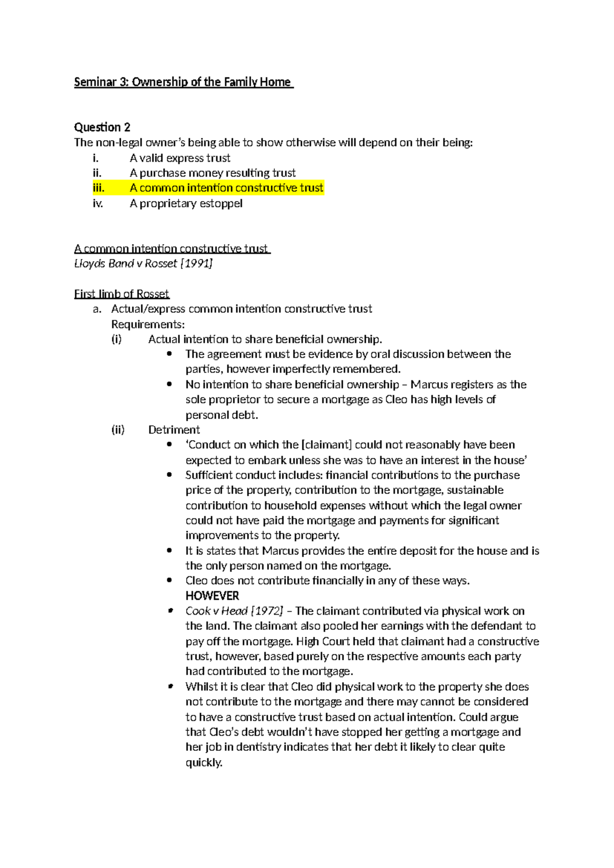 Seminar 3: Ownership of the Family Home - Legal Trusts Analysis - Studocu