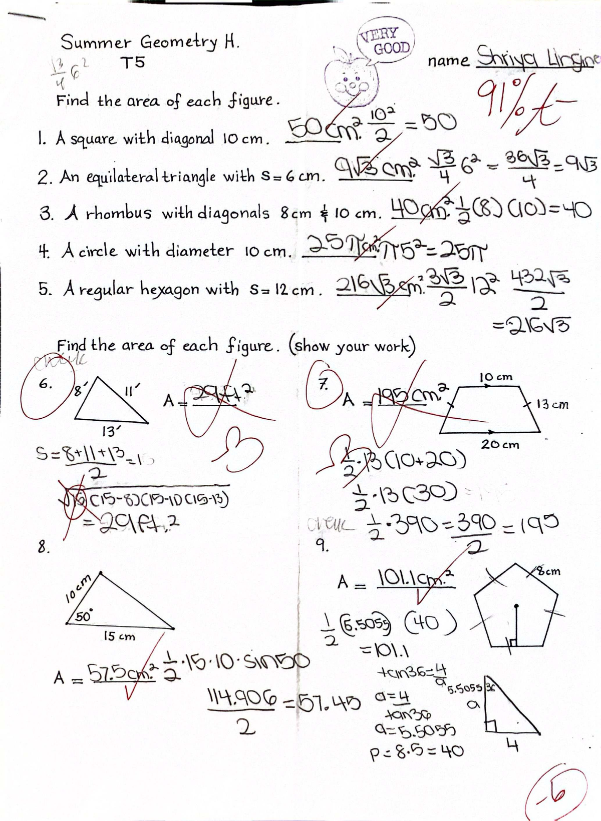 Summer Geometry H: Test 5 - Area & Volume Calculations for Course ...