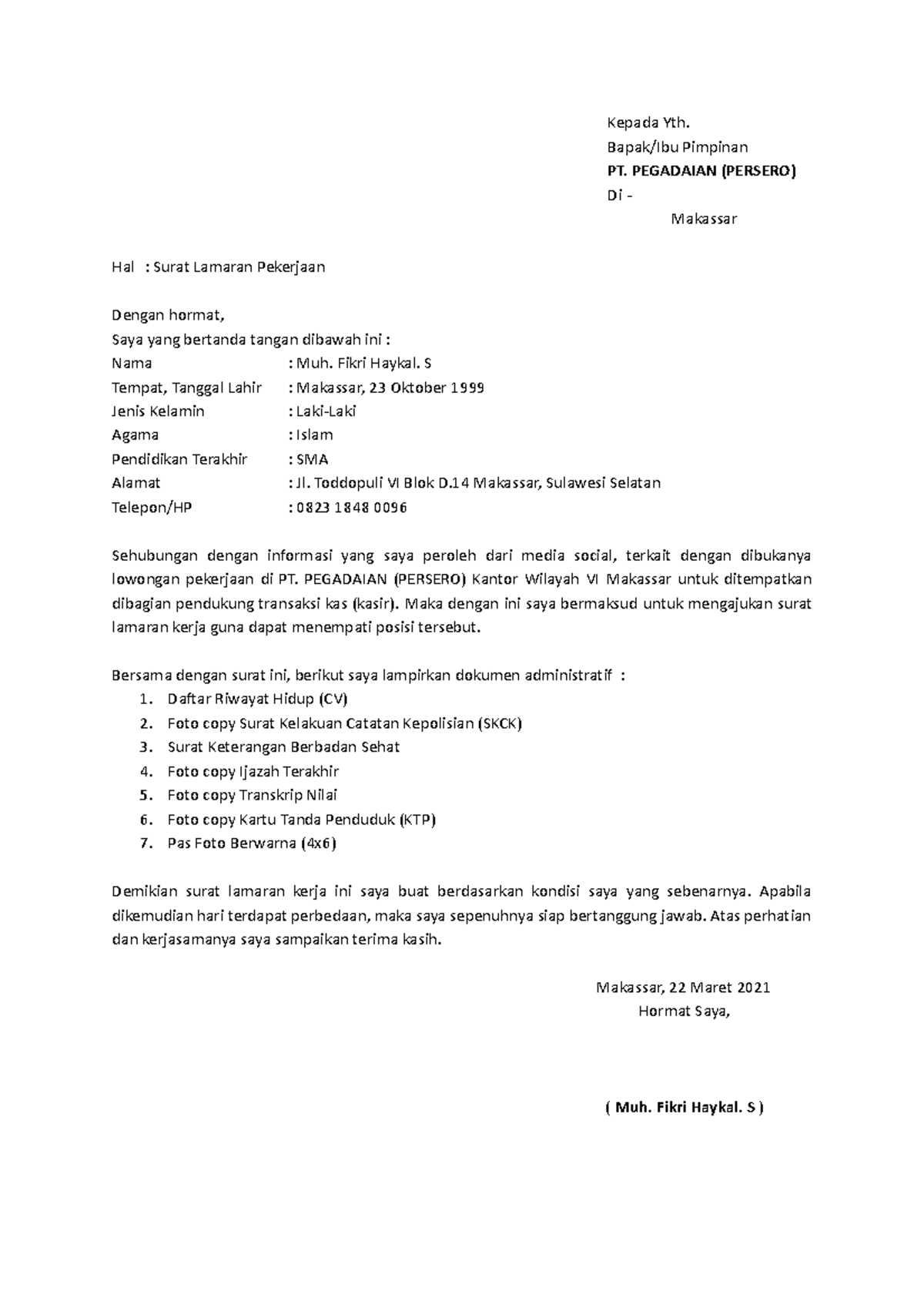 Surat Lamaran Kerja untuk PT. Pegadaian - FORM SLK (Pengalaman) - Studocu