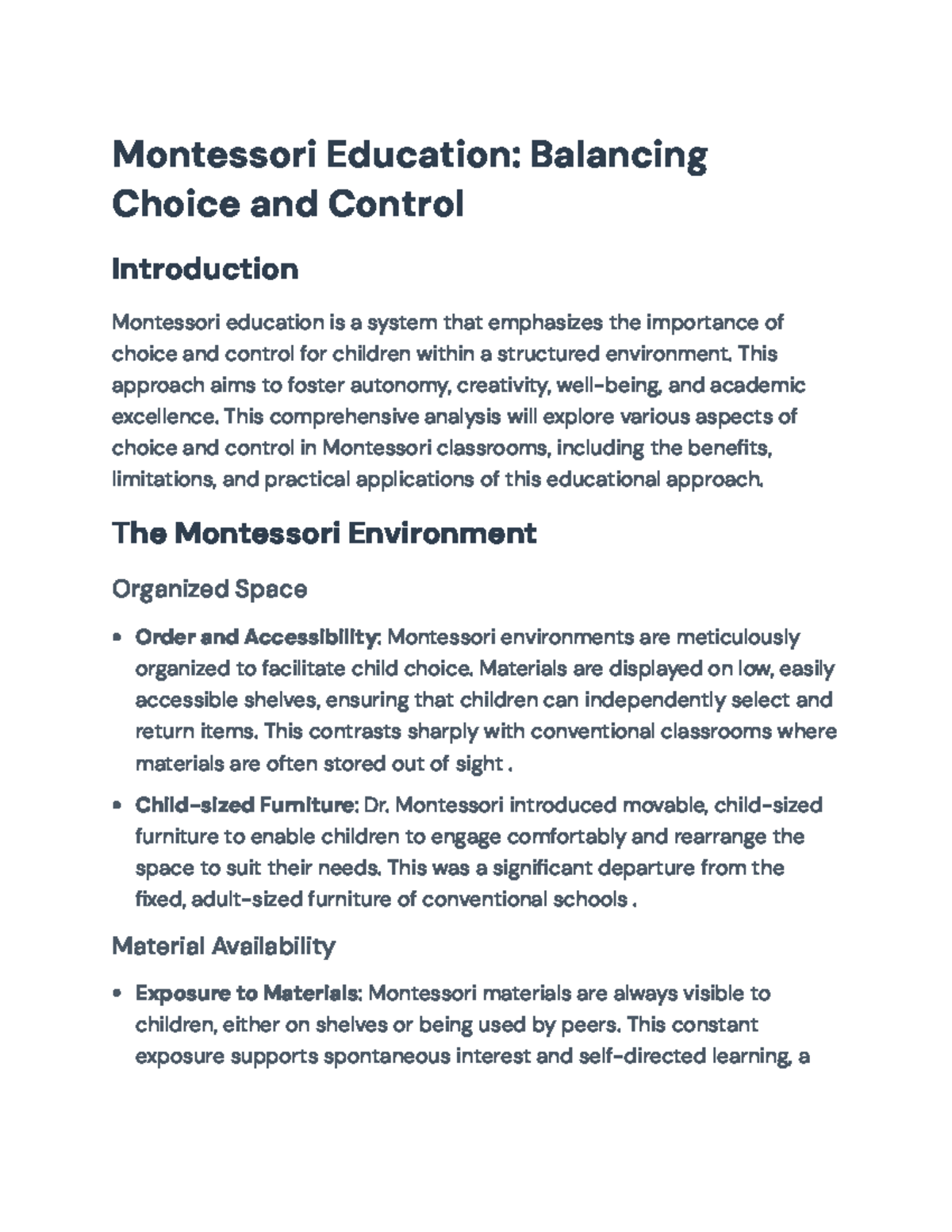 Montessori Education: Balancing Choice and Control in Learning ...