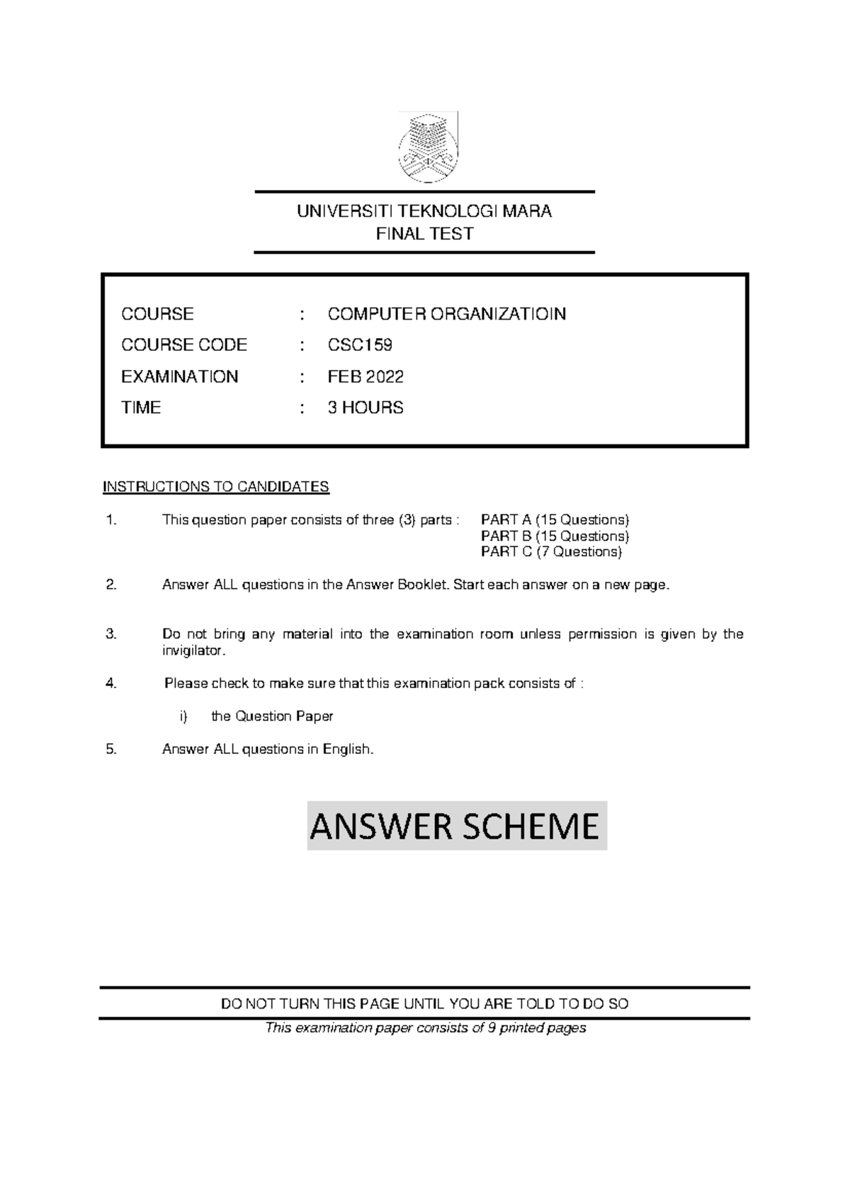 T3 - nota - UNIVERSITI TEKNOLOGI MARA FINAL TEST COURSE : COMPUTER ...