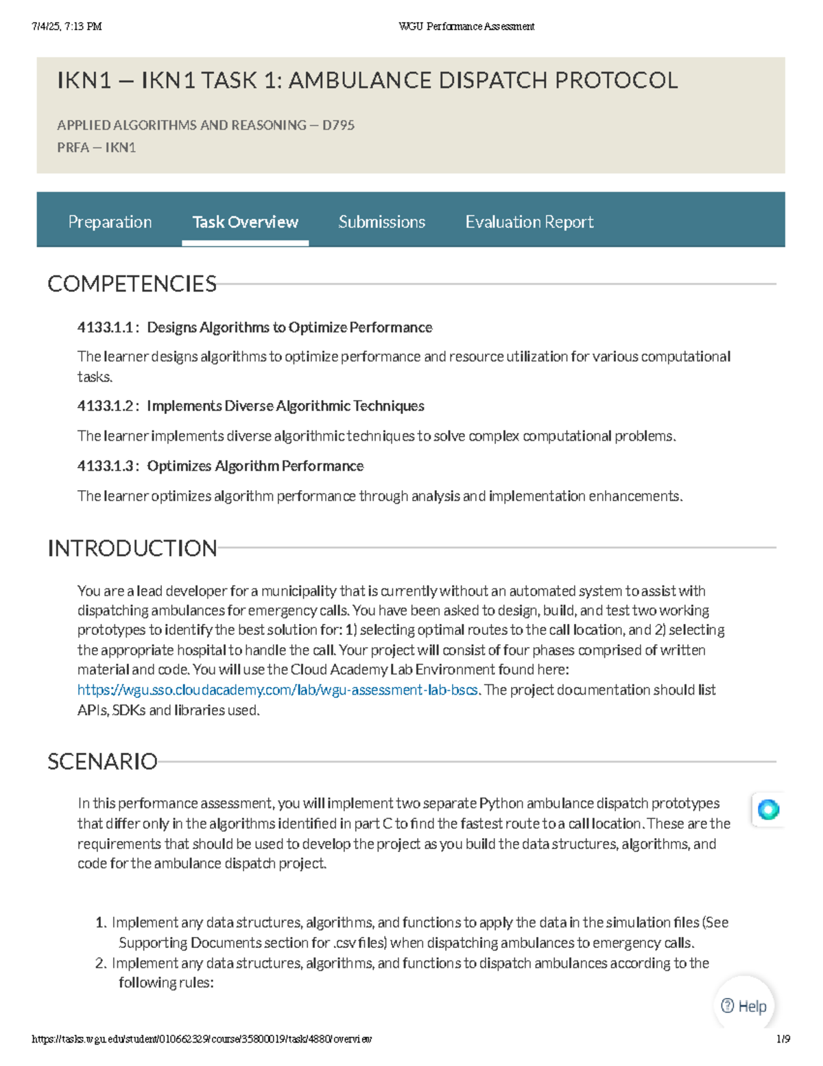 WGU D795 Performance Assessment: Ambulance Dispatch Algorithms IKN1 ...