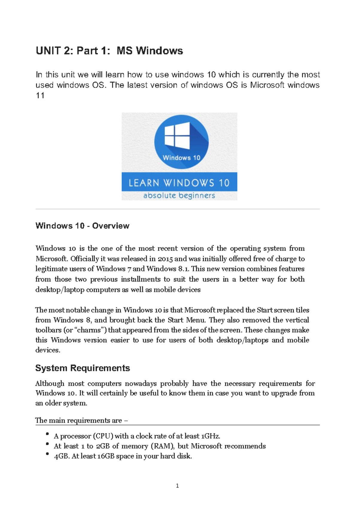 Introduction to Computer Science: Unit 2 - MS Windows Overview - Studocu