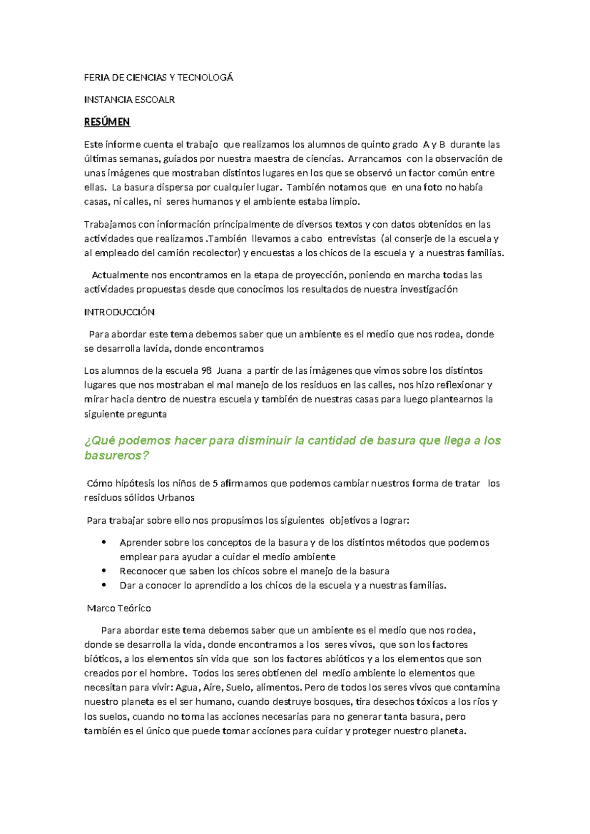 Feria de Ciencias y Tecnología 5° Grado: Resumen de Proyecto Ambiental ...