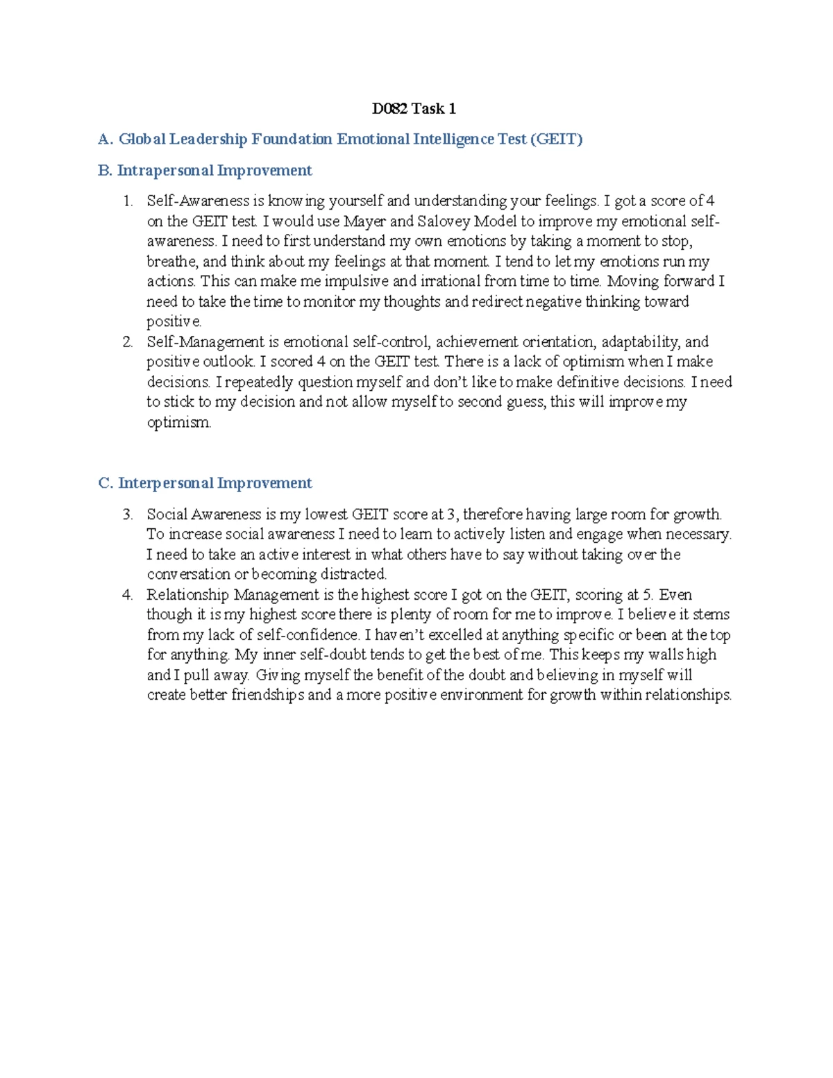 D082 Task 1 - d082 task 1 example - D082 Emotional and Cultural ...