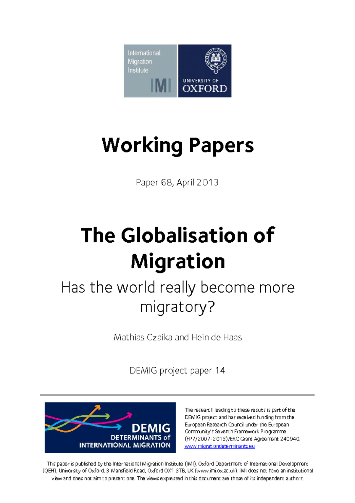 The Globalisation of Migration: Insights from DEMIG Project Paper 14 ...