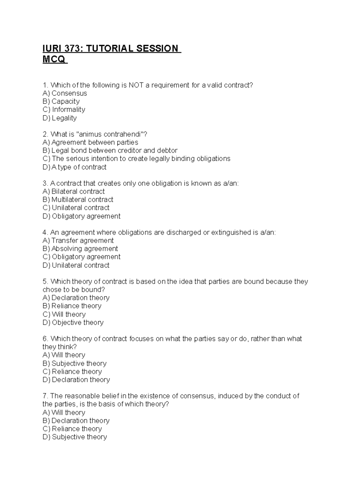 IURI 373: SU 2 MCQ Practice Notes for Contract Law - Studocu