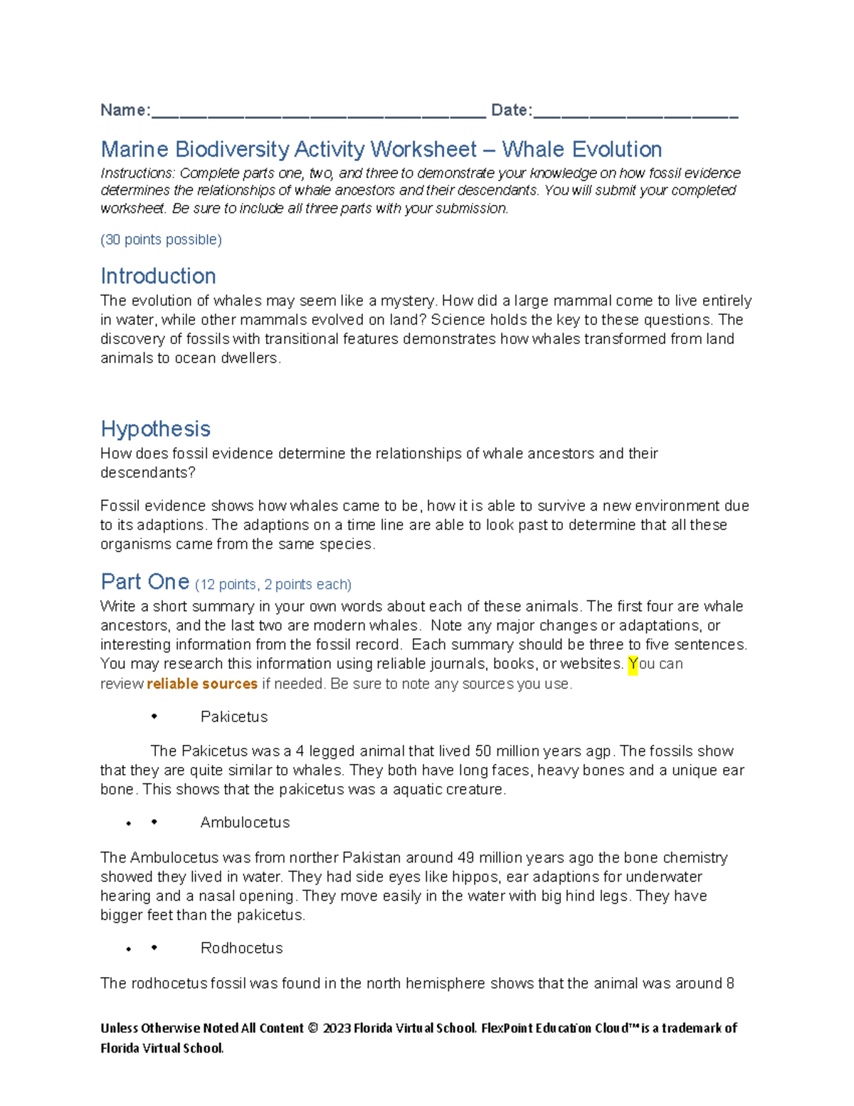 Marine Biodiversity Activity Worksheet: Whale Evolution Insights - Studocu