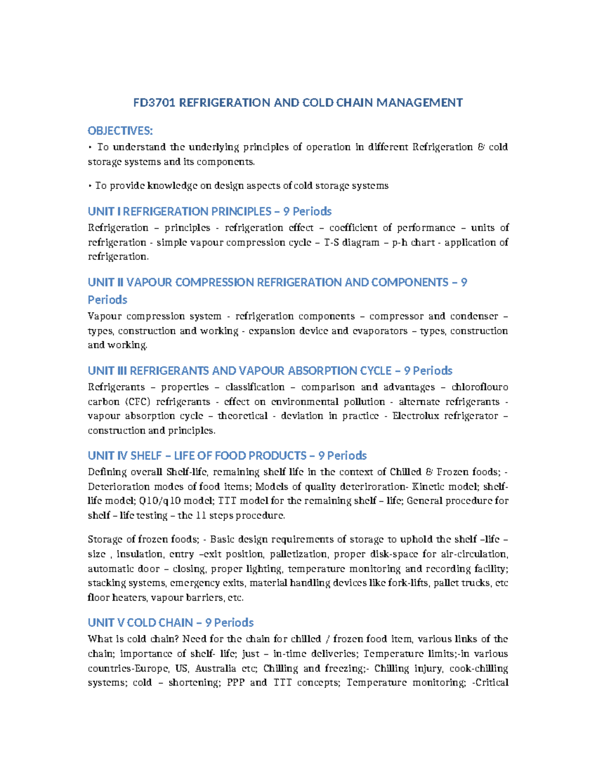 View of FD3701 Refrigeration & Cold Chain Management Syllabus Overview - Studocu