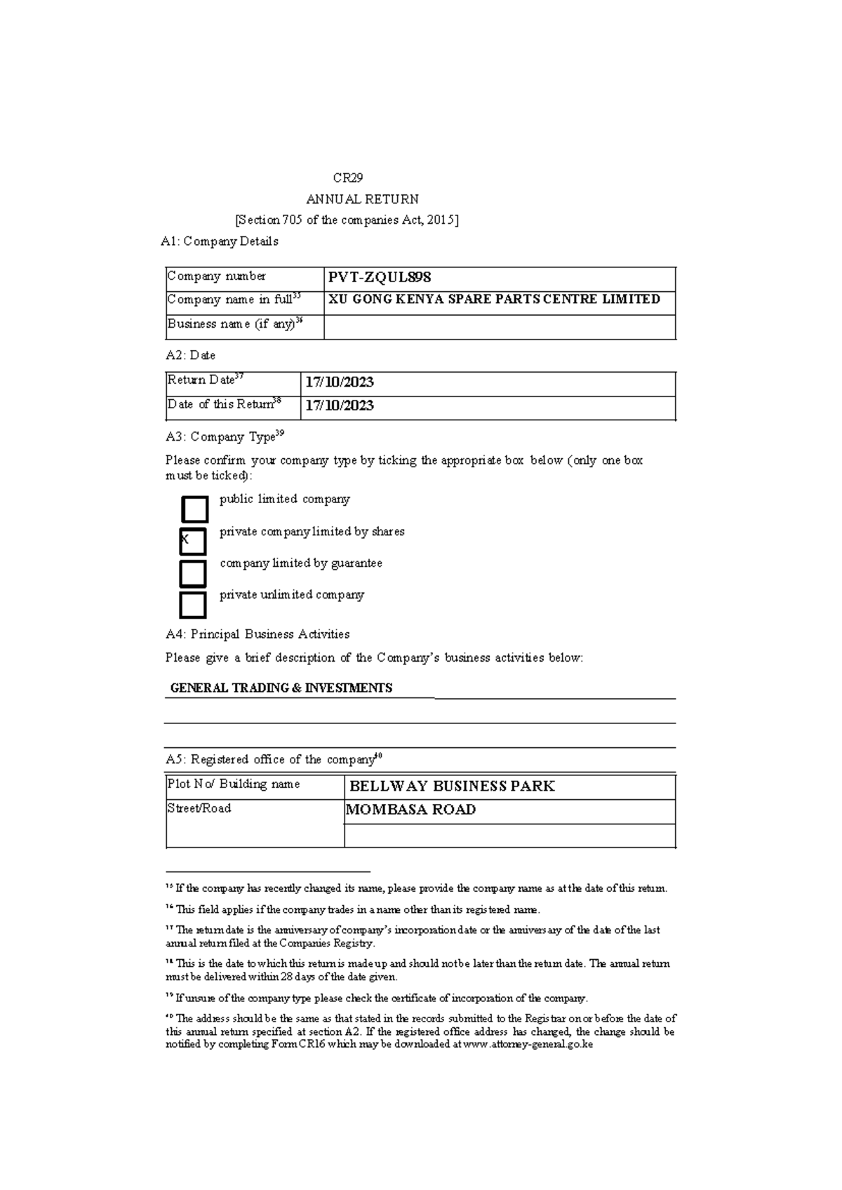 CR29 Annual Return 705: Company Details & Compliance Summary - Studocu