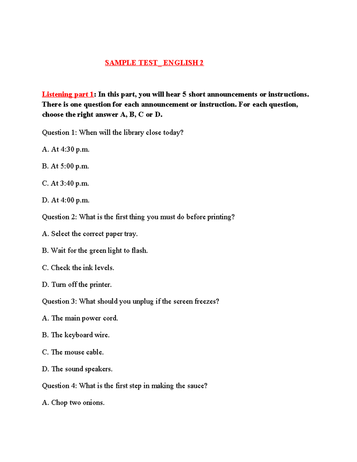 Sample Test TA2 - English 2 Listening & Reading Comprehension - Studocu