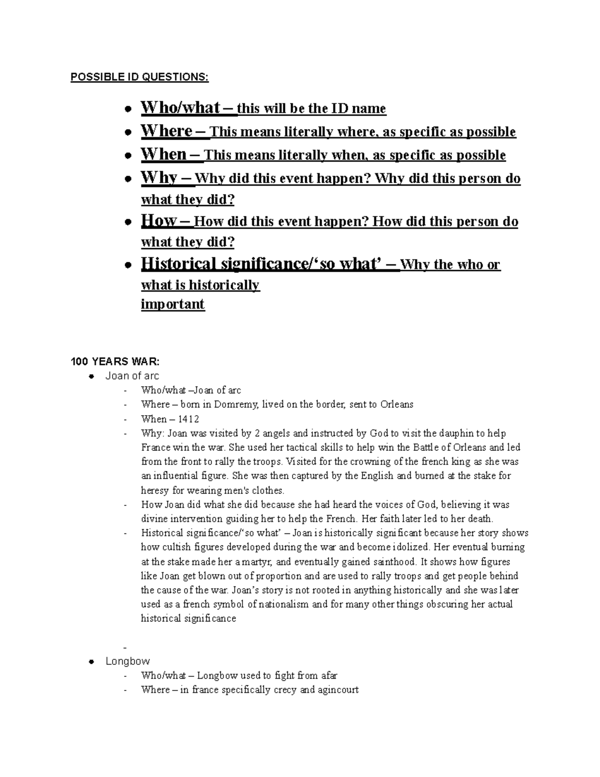 1810 Final Studying - POSSIBLE ID QUESTIONS: Who/what – this will be ...