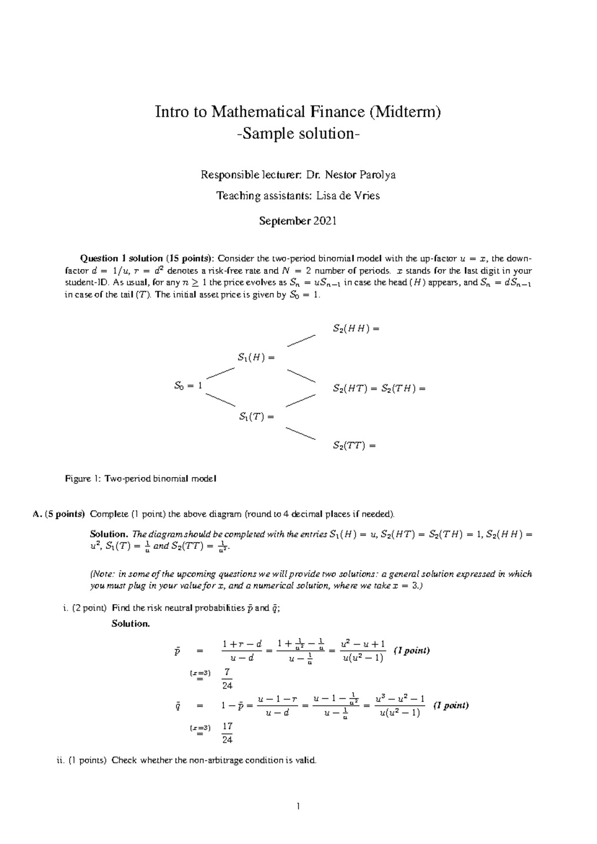 IMF Midterm Exam Sample Solutions in Mathematical Finance - Studeersnel