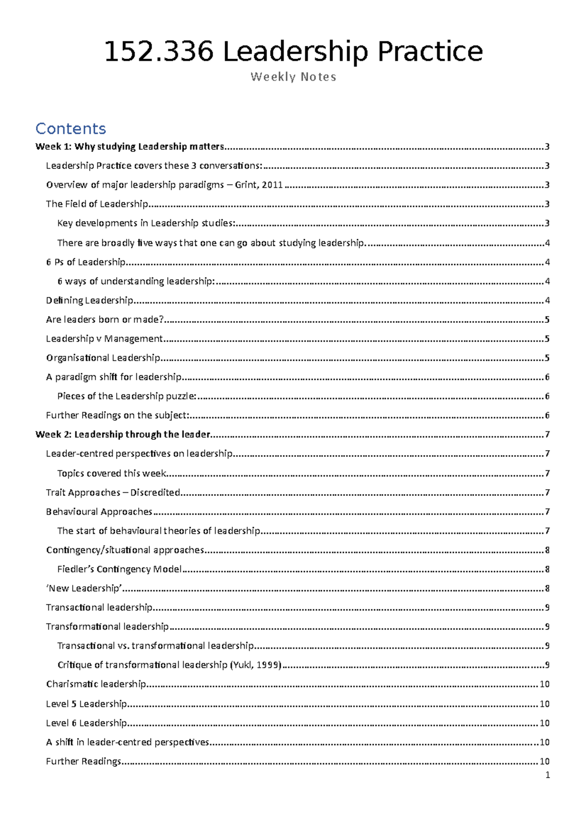 152.336 Leadership Practice: Weekly Notes Overview - Studocu