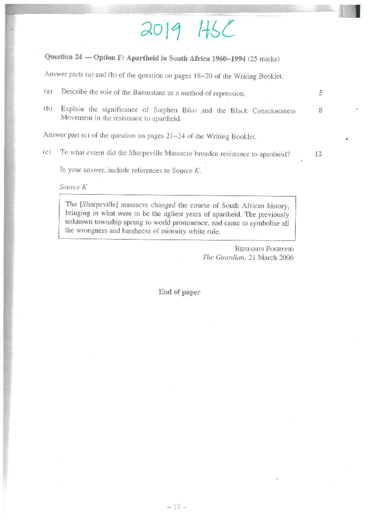 HSC 201 47 Option F: Apartheid in South Africa Exam Responses - Studocu