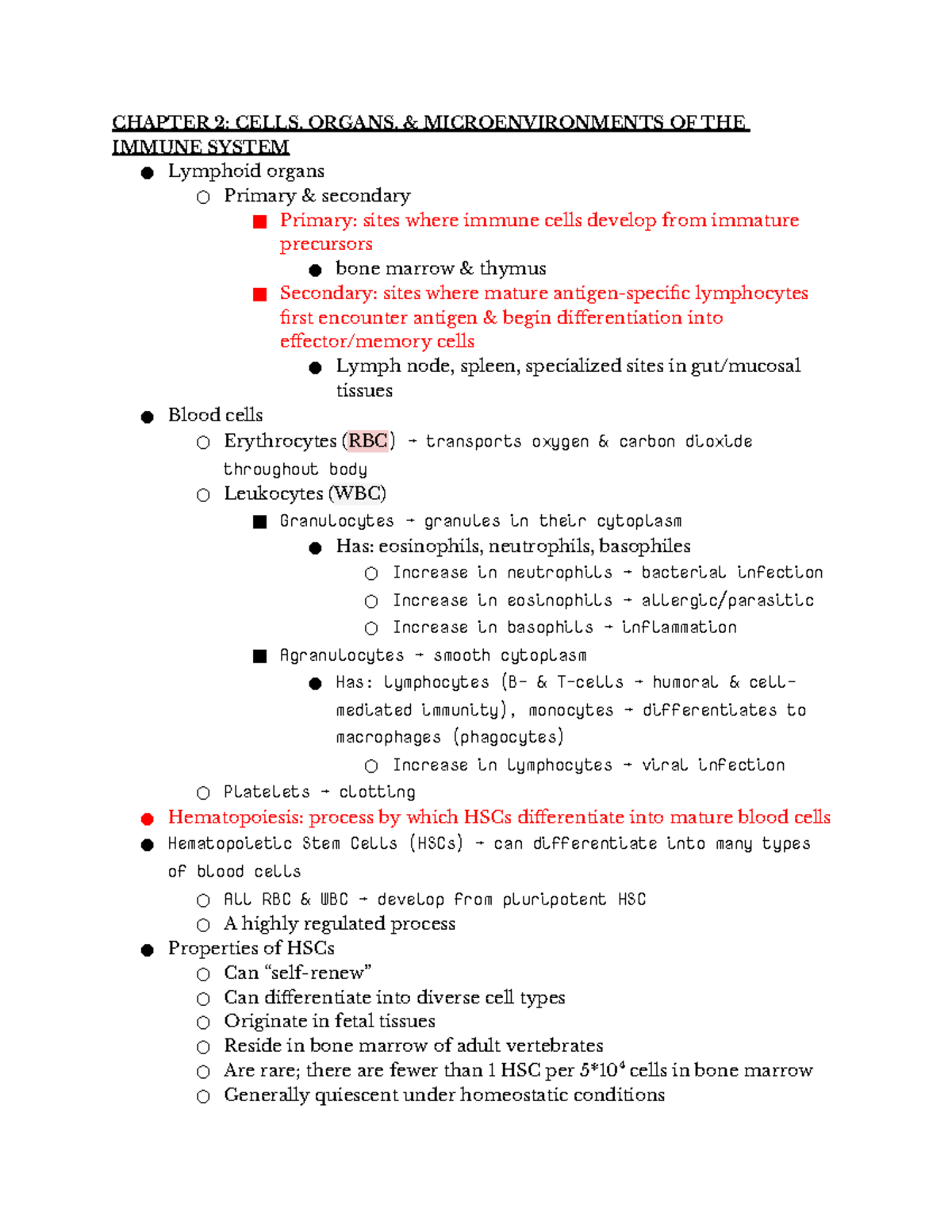 Chapter 2: Immune System Cells & Organs Overview Notes - Studocu