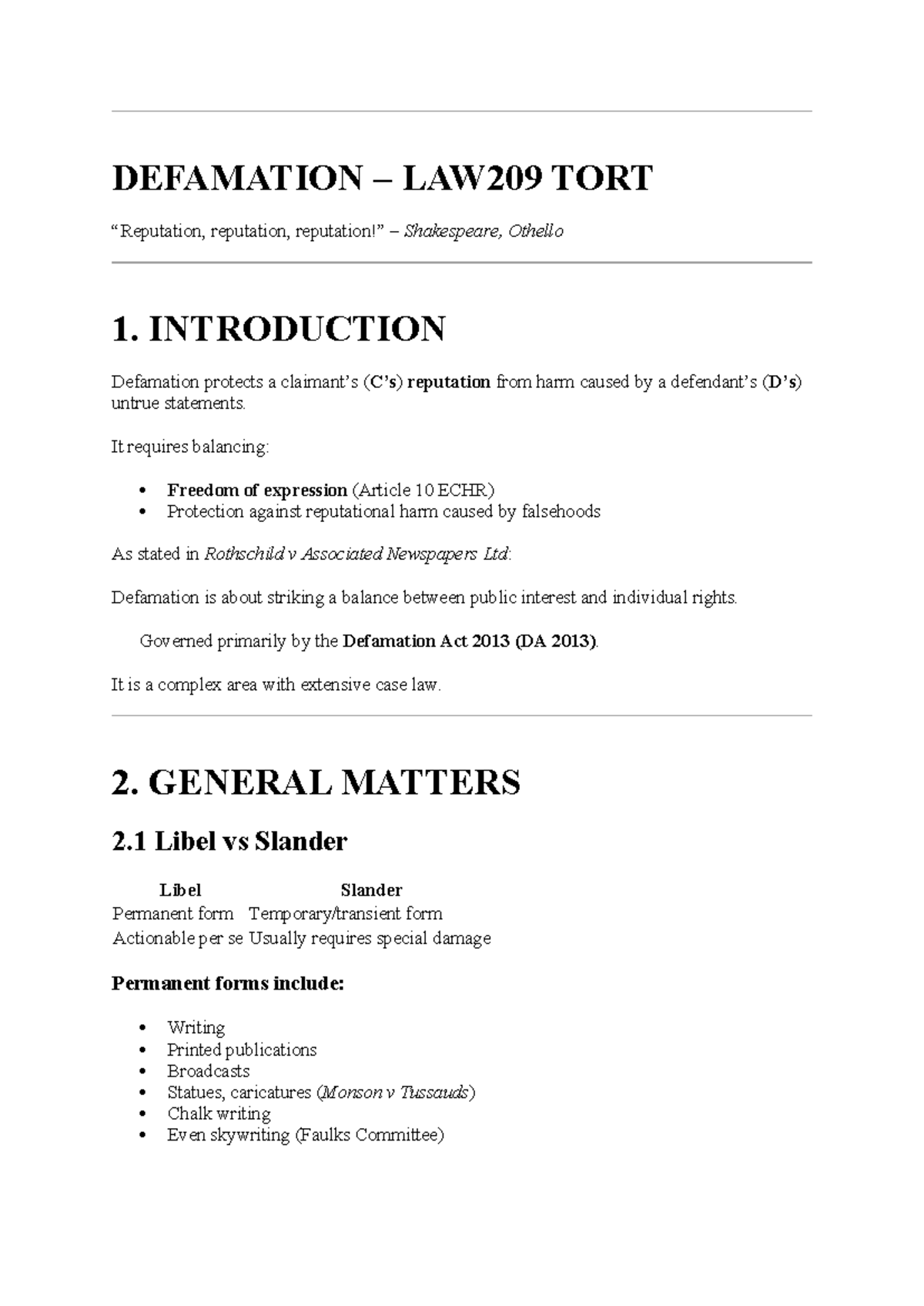 TORT LAW209: Defamation Overview and Key Concepts - Studocu