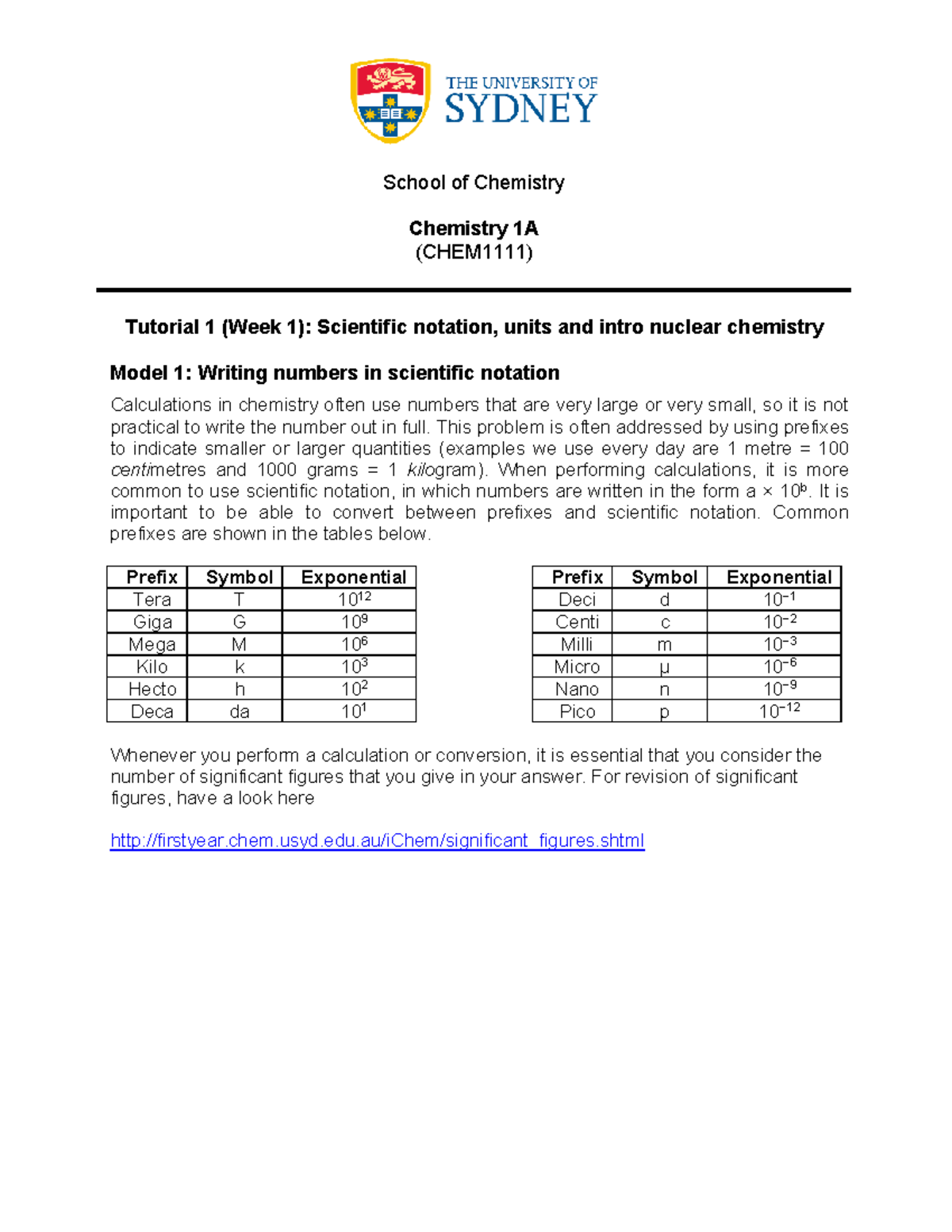 Chemistry 1A Tutorial 1: Scientific Notation & Unit Conversions - Studocu